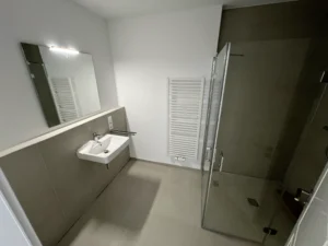Badezimmer mit Dusche und Waschbecken