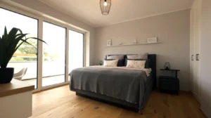 Musterschlafzimmer mit Doppelbett, Wandschrank und große Fensterfront